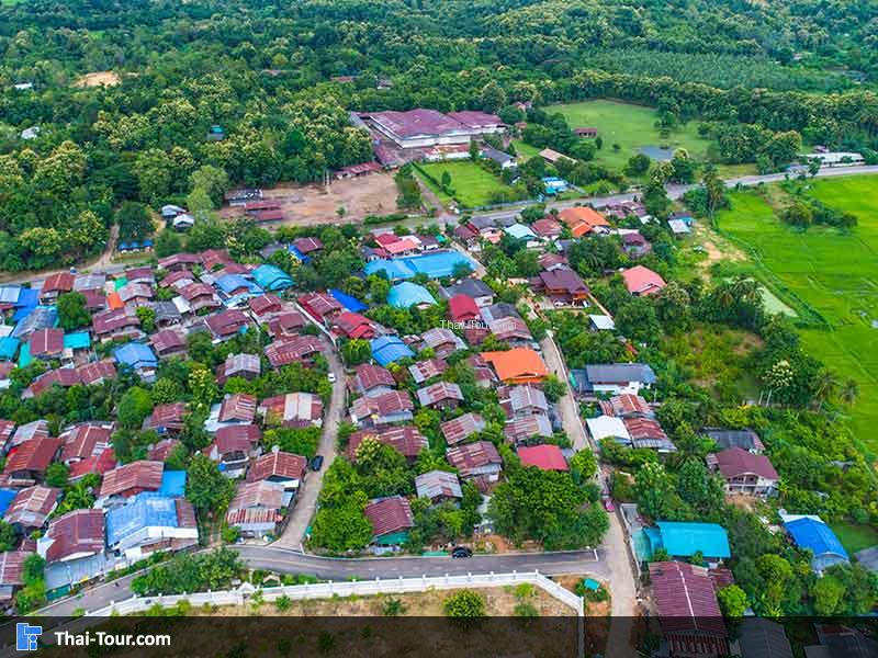 มองเห็น บ้านๆเล็กๆกับท้องนาสีเขียว