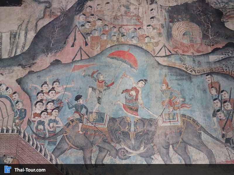 ภาพจินตกรรมฝาผนังภายในอุโบสถ คาดว่ามีอายุเท่าในวัดภูมินทร์