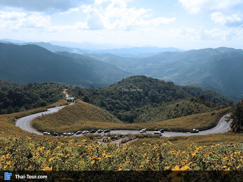 วิวด้านบนสวยๆมองเห็นถนนเป็นทางโค้ง